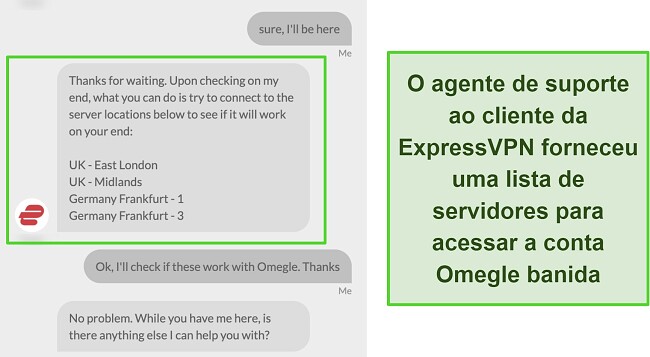 Captura de tela de conversa por chat ao vivo com suporte ExpressVPN sobre servidores recomendados para acessar conta Omegle banida