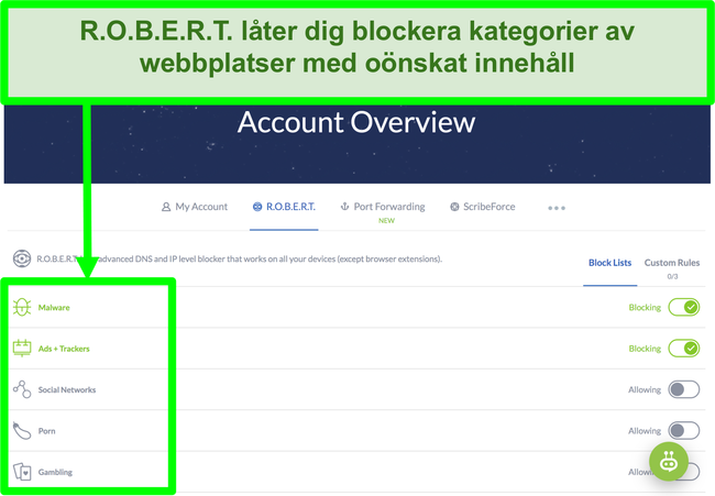 Skärmdump av Winscribe-inställningssidan som visar alternativ för att blockera annonser, skadlig programvara och kategorier av webbplatser