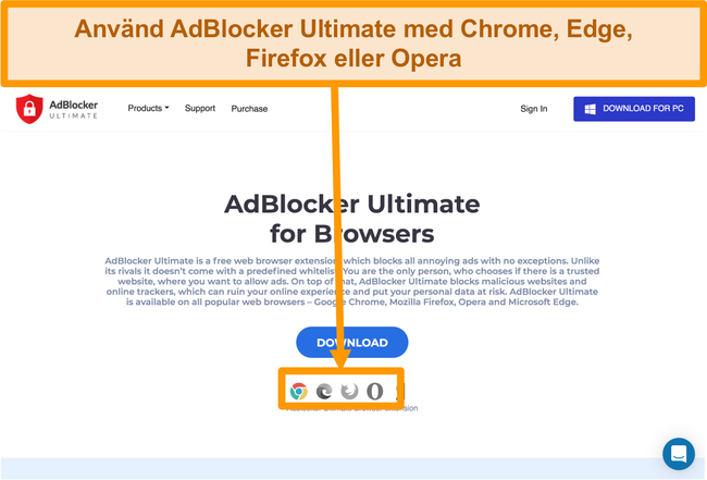 Skärmdump av AdBlocker Ultimate-webbplats som visar de fyra tillgängliga webbläsartilläggen