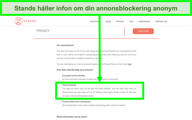 Skärmdump av Stands-webbplatsen som anger att den information den har om blockerade annonser aldrig är kopplad till användarnas personliga information