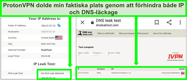 Skärmdump av ett DNS- och IP-adressläckagetest som inte visar några IP-adressläckor när de är anslutna till ProtonVPN