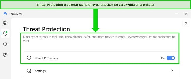 Bild av NordVPNs Windows-app, som visar att funktionen för hotskydd är aktiverad.