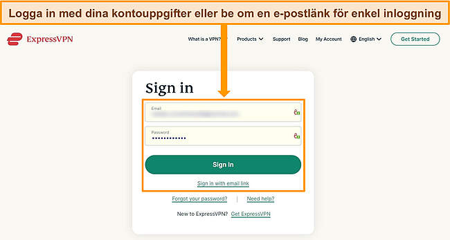 Skärmdump av ExpressVPNs inloggningssida.