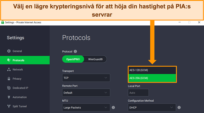 Skärmdump av PIA:s Windows-app som visar de anpassningsbara krypteringsnivåerna för OpenVPN-protokollet