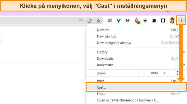 Skärmdump av webbläsarfönstret i Google Chrome, som markerar menyknappen och menyalternativet 