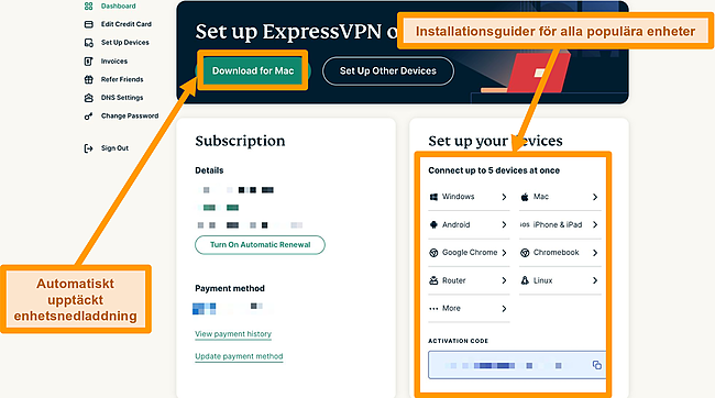 Skärmdump av installationsguider för ExpressVPN Download for Mac -knapp och enhet.