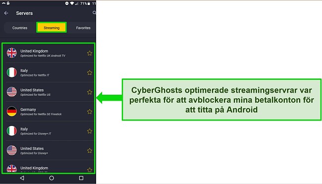 Skärmdump av CyberGhosts strömningsservermeny på Android