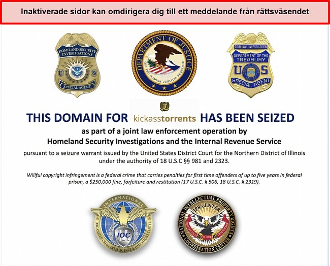 Skärmdump av kickass torrents-domän som beslagtas av amerikanska myndigheter