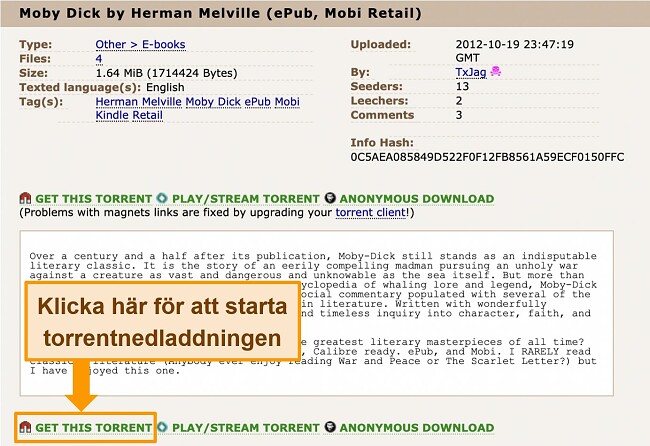Skärmdump av torrent-nedladdningssidan på The Pirate Bay