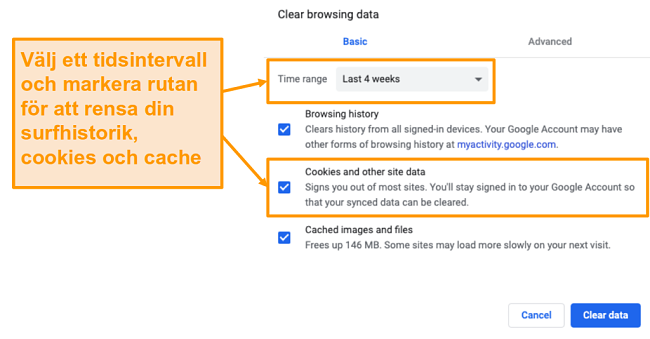 Skärmdump för att rensa cache och webbhistorik i Google Chrome