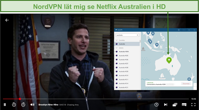 Skärmdump av NordVPN som avblockerar Netflix Australien när du spelar Brooklyn Nine-Nine