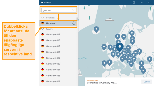 Skärmdump av NordVPN Tysklands serverval