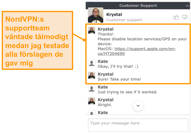 Skärmdump av NordVPN kundsupport livechattfunktion