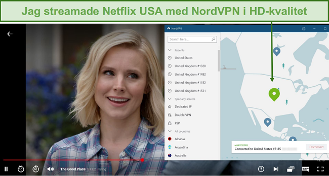 Skärmdump av The Good Place-streaming på Netflix med NordVPN ansluten till en amerikansk server