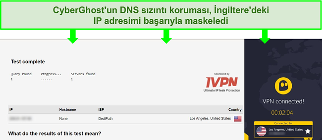 CyberGhost'a bağlıyken DNS sızıntı testinin ekran görüntüsü