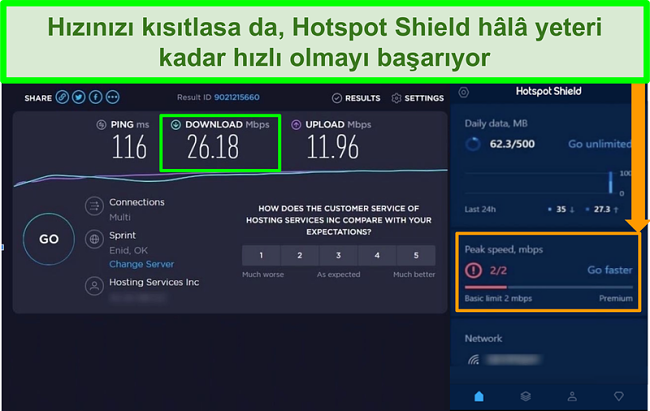 Hotspot Shield arayüzüne bağlıyken hız testi sonuçlarının ekran görüntüsü