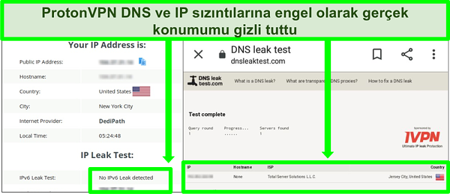 ProtonVPN'e bağlıyken hiçbir IP adresi sızıntısı göstermeyen bir DNS ve IP adresi sızıntı testinin ekran görüntüsü
