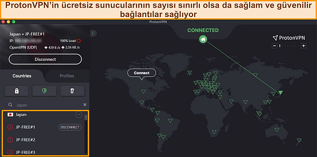 Japonya'da ücretsiz bir sunucuya bağlanan Proton VPN'in ekran görüntüsü.