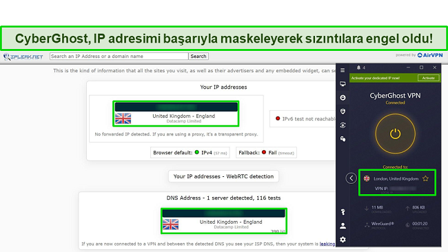 Birleşik Krallık'ta optimize edilmiş bir P2P sunucusuna bağlı CyberGhost ile veri sızıntısı olmadığını gösteren IP sızıntı testinin ekran görüntüsü.
