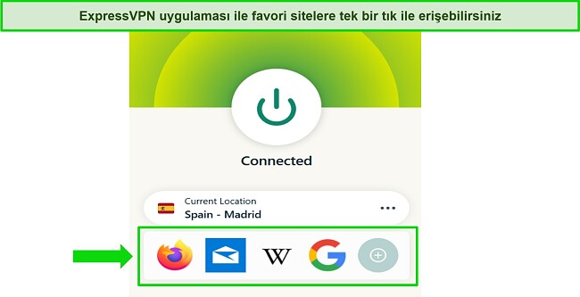 Uygulamada ExpressVPN'in kısayol seçeneğini gösteren grafik