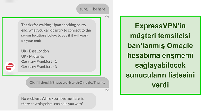 Yasaklanan Omegle hesabına erişim için önerilen sunucularla ilgili ExpressVPN desteğiyle canlı sohbet görüşmesinin ekran görüntüsü