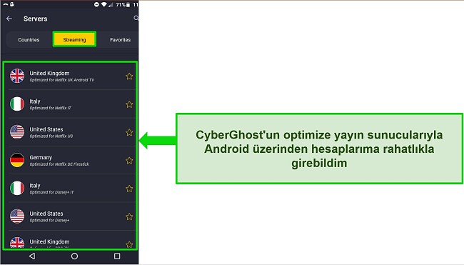 Android'de CyberGhost'un akış sunucusu menüsünün ekran görüntüsü