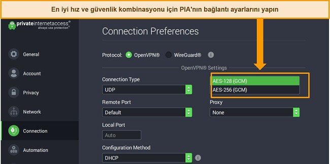 Bağlantı Tercihleri açık ve şifreleme ayarları vurgulanmış halde PIA'nın Windows uygulamasının ekran görüntüsü