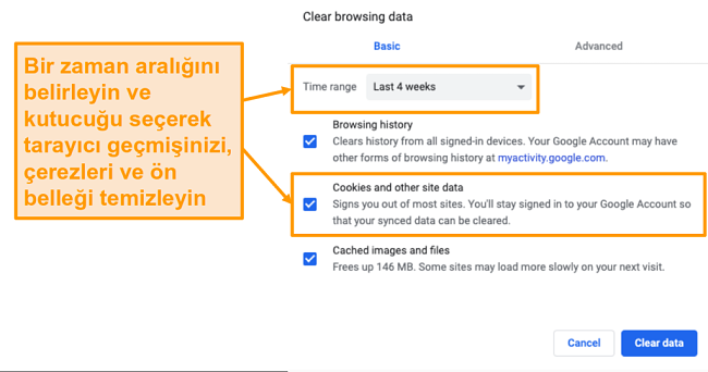 Google Chrome'da önbelleği ve göz atma geçmişini temizleme ekran görüntüsü