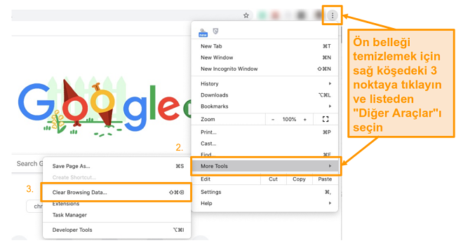 Google Chrome'da önbelleğinizi nasıl temizleyeceğinizi gösteren ekran görüntüsü