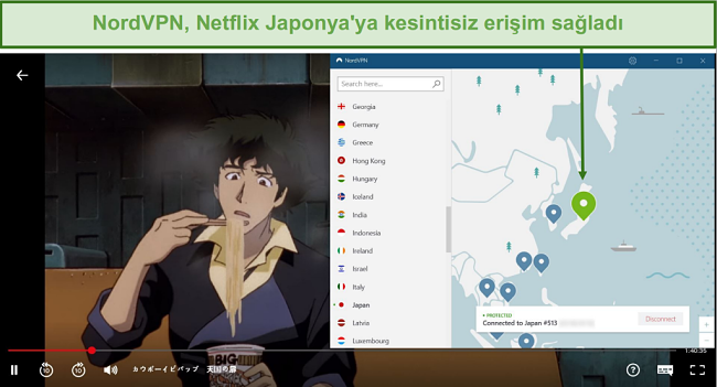 Cowboy Bebop oynarken Netflix Japonya'nın engelini kaldıran NordVPN'in ekran görüntüsü