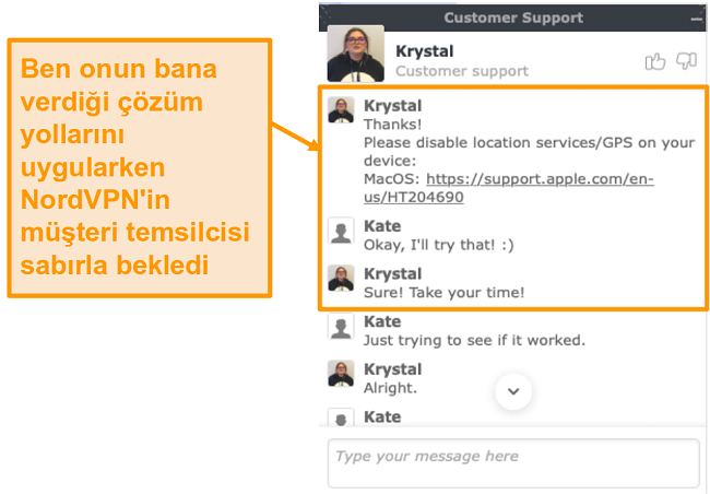 NordVPN müşteri desteği canlı sohbet özelliğinin ekran görüntüsü