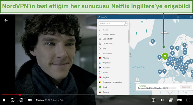 Sherlock oynarken Netflix İngiltere'nin engelini kaldıran NordVPN'in ekran görüntüsü