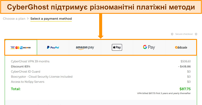 Отримайте безкоштовну пробну версію CyberGhost, виберіть спосіб оплати