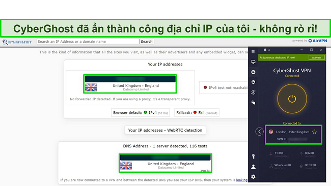 Ảnh chụp màn hình của kiểm tra rò rỉ IP cho thấy không có rò rỉ dữ liệu khi kết nối CyberGhost đến một máy chủ P2P tối ưu ở Vương quốc Anh