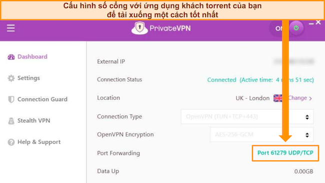 Ảnh chụp màn hình ứng dụng Windows của PrivateVPN hiển thị số cổng được chỉ định ngẫu nhiên có thể được định cấu hình bằng ứng dụng khách torrent để tải xuống tốt hơn