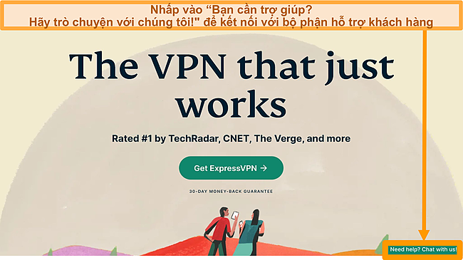 Ảnh chụp màn hình Trang chủ ExpressVPN hiển thị Nút Trò chuyện Trực tiếp 24/7 trên Máy tính để bàn.