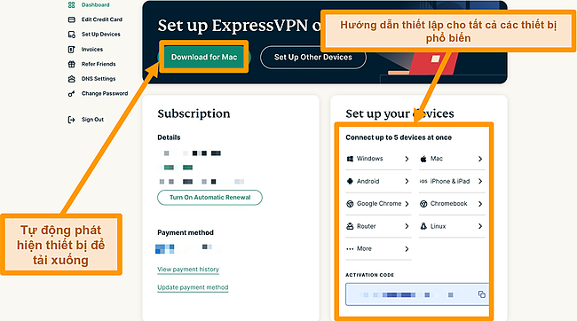 Ảnh chụp màn hình của ExpressVPN Tải xuống cho Mac hướng dẫn thiết lập Nút và Thiết bị.