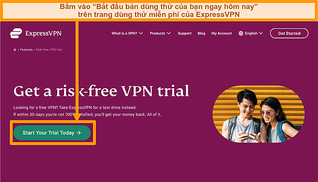 Ảnh chụp màn hình của Trang dùng thử miễn phí ExpressVPN trên máy tính để bàn.