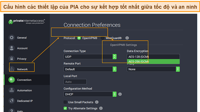 Ảnh chụp màn hình của ứng dụng PIA trên Windows nhấn mạnh các thiết lập mã hóa OpenVPN của nó.