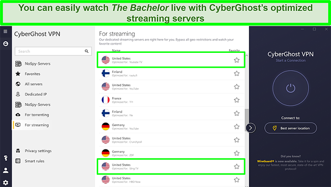 Screenshot of CyberGhost's optimized streaming servers with highlighted servers in the US optimized for YouTube TV and Sling TV