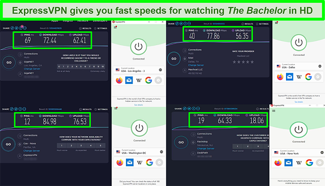 Screenshot of four different speed tests using ExpressVPN while connected to servers across the US