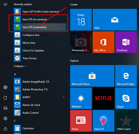 I2P option on the Start menu