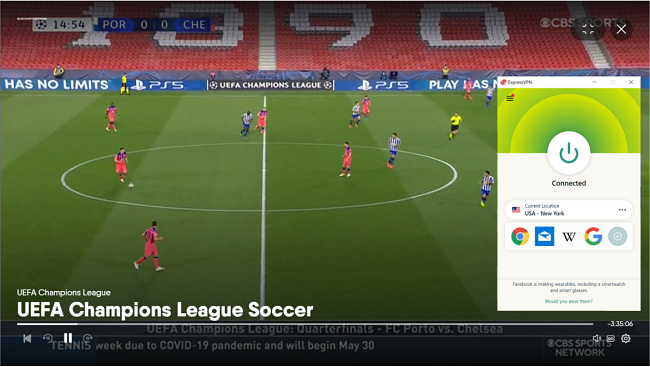 Screenshot of ExpressVPN unblocking the UEFA Champions League game