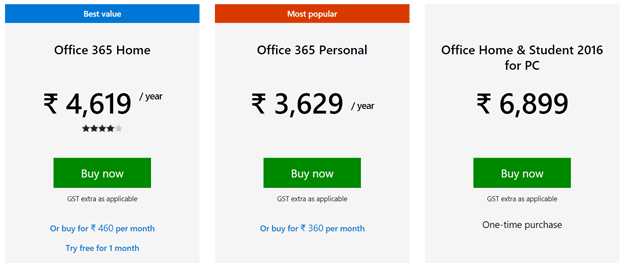 Microsoft Office 365 India price