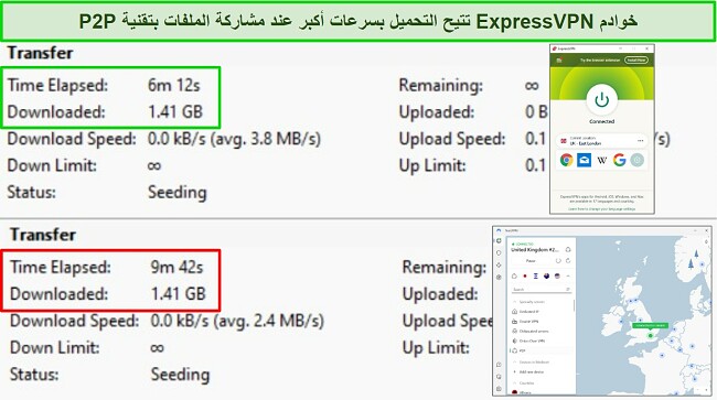 لقطات من برنامج BitTorrent torrent تعرض أوقات التنزيل لتورنتين ، مع توصيل ExpressVPN و NordVPN بخوادم المملكة المتحدة.