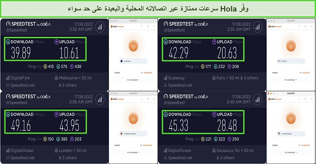 لقطة شاشة لاختبارات سرعة الخادم على Hola VPN