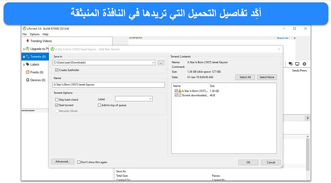 لقطة شاشة للنافذة المنبثقة لتفاصيل التنزيل على uTorrent