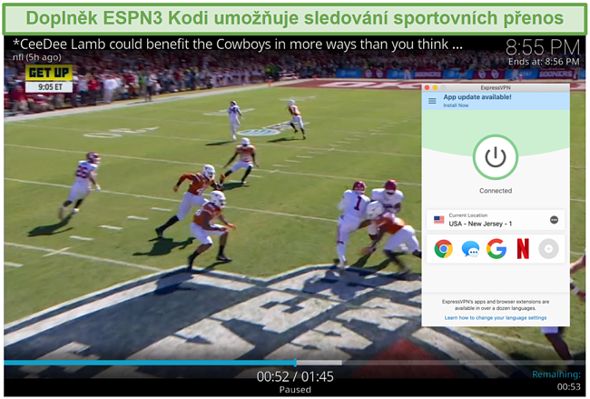 Screenshot streamovaného fotbalu na ESPN3 s Kodi