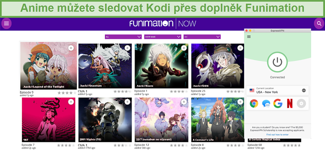 Screenshot dostupného obsahu FunimationNOW na Kodi