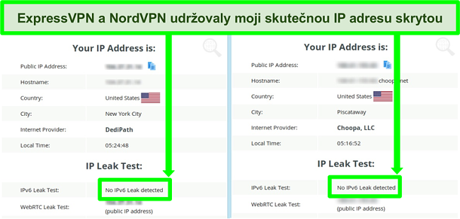 Screenshot zobrazující žádný únik IPv6 pro NordVPN i ExpressVPN